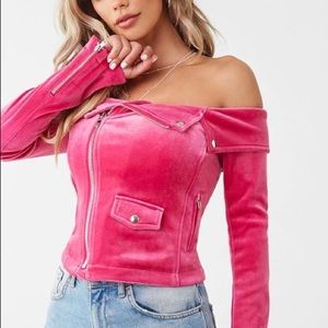 FOREVER 21 Off-the-Shoulder Velvet Moto Jacket